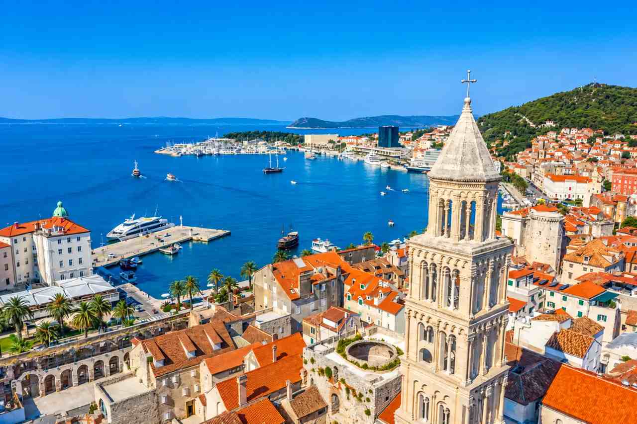 Aerial view over Split's old town, harbour and the Adriatic