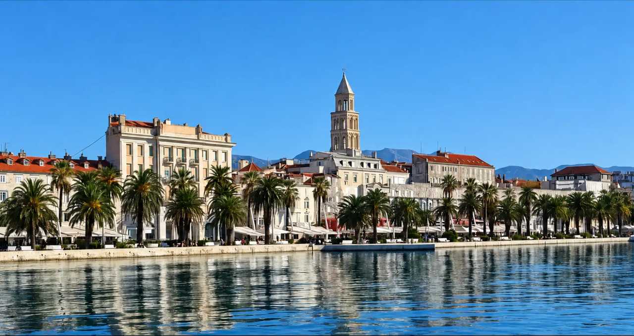The Riva waterfront promenade with palms and the cathedral bell tower, Split